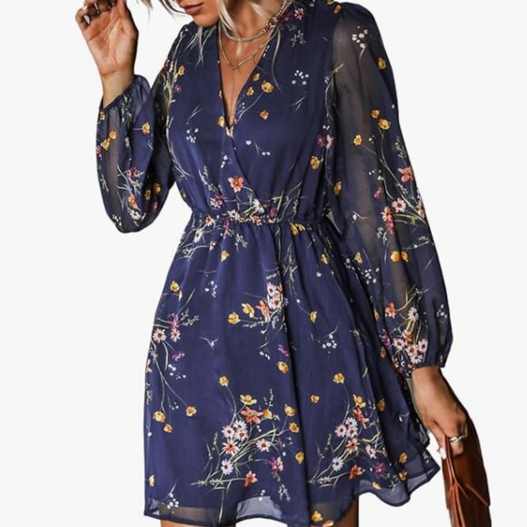 Cupshe Navy Floral Long Sleeve Dress - Picture 1 of 8